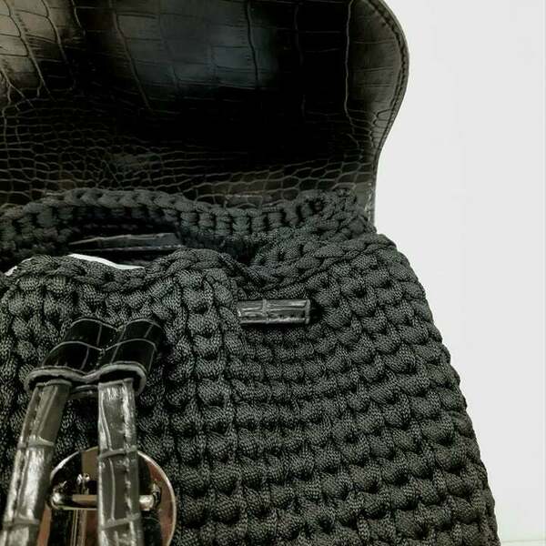 Μαύρο πλεκτό σακίδιο πλάτης με croco λεπτομέρειες - πλάτης, μεγάλες, all day, πλεκτές τσάντες - 4