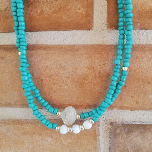 Κολιέ κοντό / Choker με λευκό χαόλιτη και μικρές χάντρες πράσινες χάντρες κοντερίες - ατσάλι, τσόκερ, boho, χάντρες, χαολίτης - 3