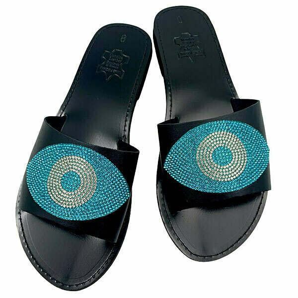 Δερμάτινα Σανδάλια Black-Blue Eye Sandals - δέρμα, στρας, φλατ