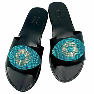 Black-Blue Eye Sandals - φλατ, στρας, δέρμα