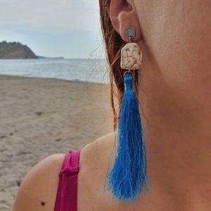 Μακριά σκουλαρίκια με γαλάζιες φούντες - με φούντες, μακριά, ατσάλι, κρεμαστά, μεγάλα - 3