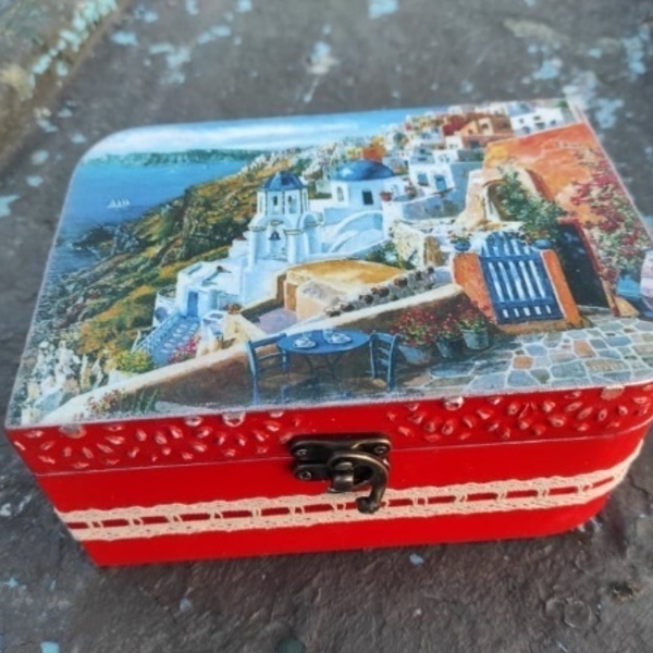 Κουτί Ξύλινο Κόκκινη Σαντορίνη 18cm x13cm x 8,5cm - ξύλο, οργάνωση & αποθήκευση, δώρα για γυναίκες - 2