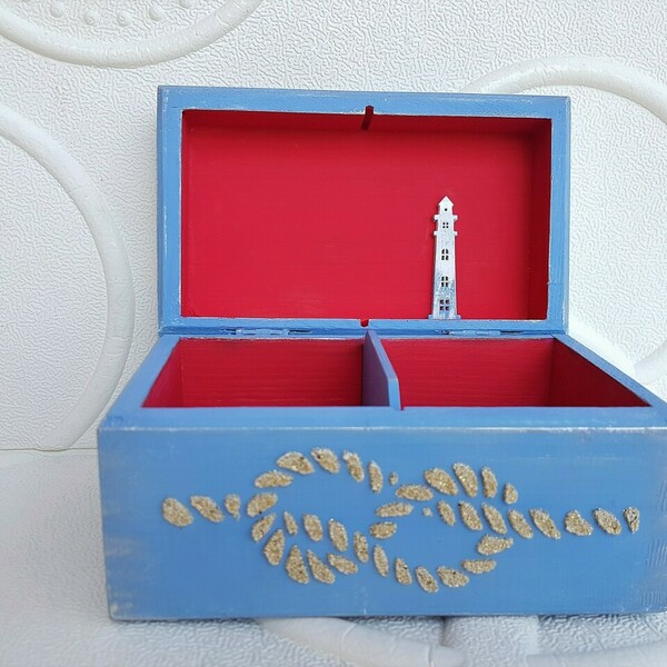 Ξύλινο Κουτί 15cm x 9cm x 9cm Γαλάζιος Φάρος - ξύλο, οργάνωση & αποθήκευση, κοσμηματοθήκη, δώρα για γυναίκες - 3