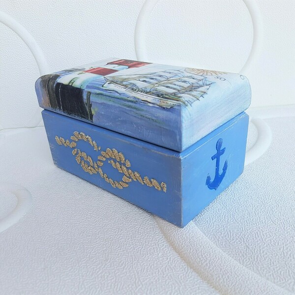 Ξύλινο Κουτί 15cm x 9cm x 9cm Γαλάζιος Φάρος - ξύλο, οργάνωση & αποθήκευση, κοσμηματοθήκη, δώρα για γυναίκες - 5