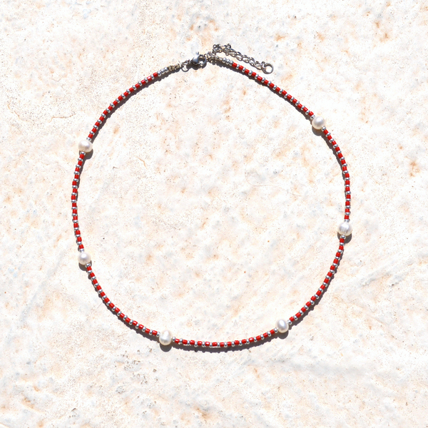 Εντυπωσιακό κολιέ με μαργαριτάρι σε κόκκινο χρώμα - ημιπολύτιμες πέτρες, μαργαριτάρι, κοντά - 4