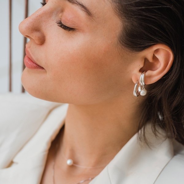 Ασημένιο μονό σκουλαρίκι Pearl Ear Cuff με μαργαριτάρι γλυκού νερού. - μικρά, ασήμι, μαργαριτάρι - 2