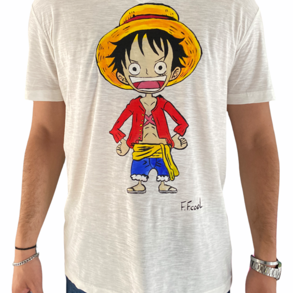 “” Luffy “” Χειροποίητο σχέδιο στο χέρι σε υφασμάτινη μπλουζα XL, με ειδικά χρώματα. - βαμβάκι