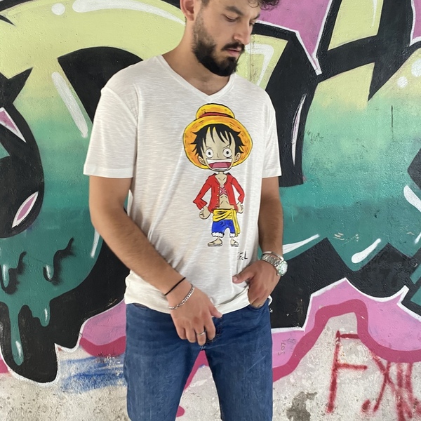 “” Luffy “” Χειροποίητο σχέδιο στο χέρι σε υφασμάτινη μπλουζα XL, με ειδικά χρώματα. - βαμβάκι - 2