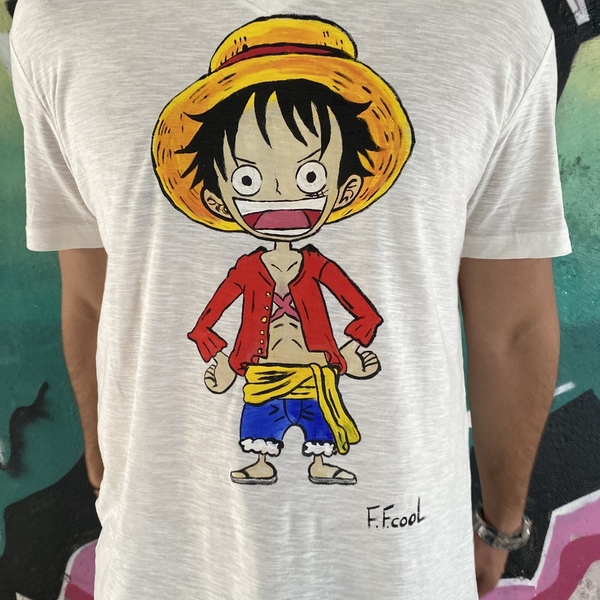 “” Luffy “” Χειροποίητο σχέδιο στο χέρι σε υφασμάτινη μπλουζα XL, με ειδικά χρώματα. - βαμβάκι - 3