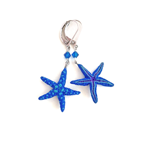 Μπλε αστερίες κρεμαστά σκουλαρίκια - κρεμαστά, πηλός, γυαλί, ατσάλι, γάντζος