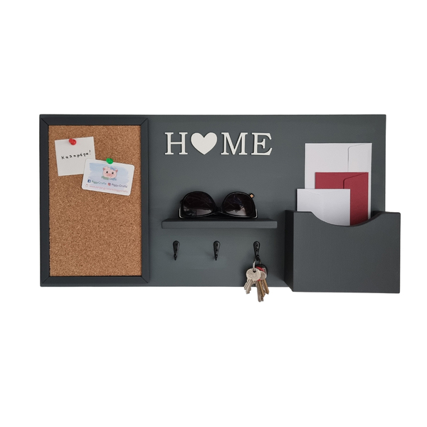 Ξύλινη κλειδοθήκη με memo board & θέση αλληλογραφίας 60x30cm - κλειδί, φελλός, κλειδοθήκες