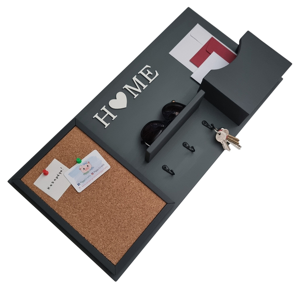 Ξύλινη κλειδοθήκη με memo board & θέση αλληλογραφίας 60x30cm - κλειδί, φελλός, κλειδοθήκες - 5