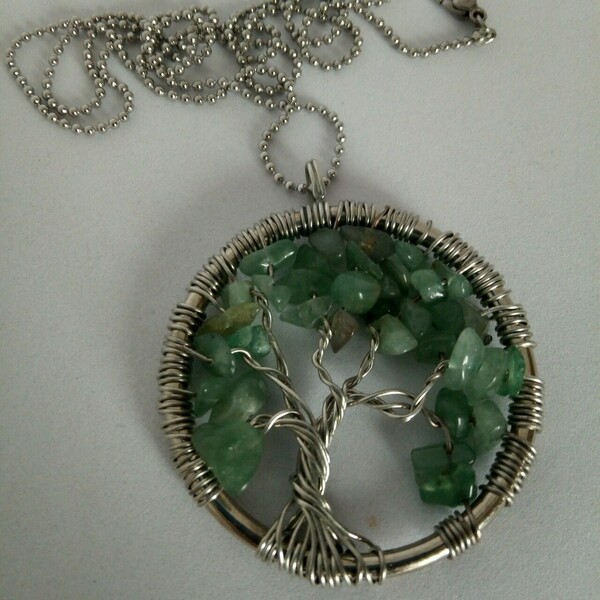 Μενταγιόν "Δέντρο της Ζωής" με πράσινη αβεντουρίνη - ημιπολύτιμες πέτρες, ορείχαλκος, μακριά, δέντρο της ζωής, μενταγιόν
