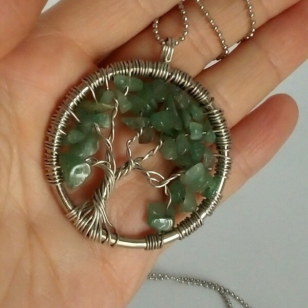 Μενταγιόν "Δέντρο της Ζωής" με πράσινη αβεντουρίνη - ημιπολύτιμες πέτρες, ορείχαλκος, μακριά, δέντρο της ζωής, μενταγιόν - 2