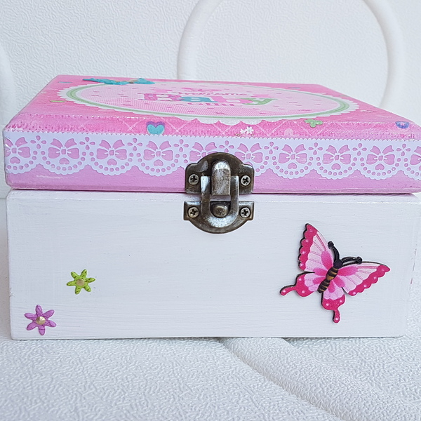 Ξύλινο Κουτί Δώρο Για Κορίτσια Ροζ 16cmx16cmx8cm - κορίτσι, δώρα για βάπτιση, παιδικό δωμάτιο, αναμνηστικά - 2