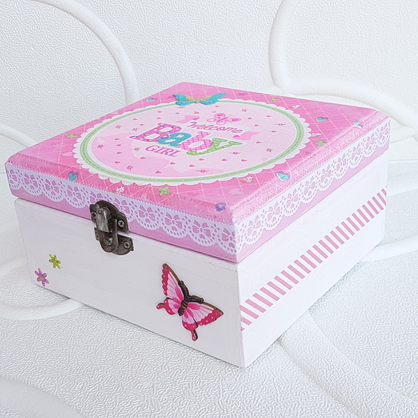 Ξύλινο Κουτί Δώρο Για Κορίτσια Ροζ 16cmx16cmx8cm - κορίτσι, δώρα για βάπτιση, παιδικό δωμάτιο, αναμνηστικά - 4