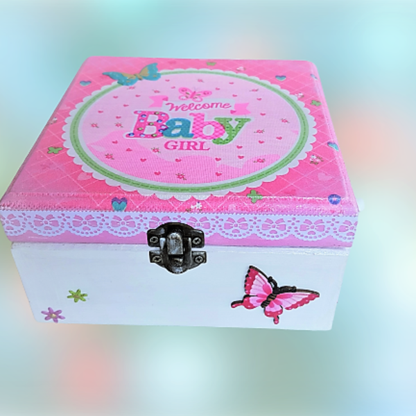Ξύλινο Κουτί Δώρο Για Κορίτσια Ροζ 16cmx16cmx8cm - κορίτσι, δώρα για βάπτιση, παιδικό δωμάτιο, αναμνηστικά - 5