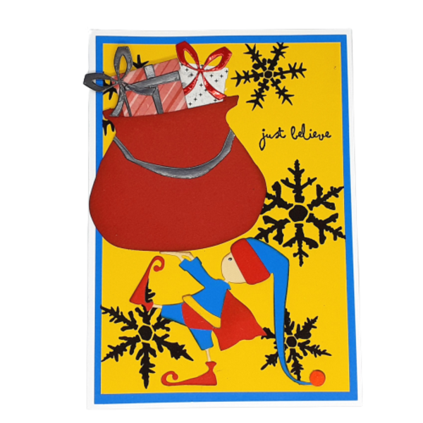 Χριστουγεννιάτικη κάρτα με ξωτικό σούπερ ήρωα - χριστουγεννιάτικα δώρα, άγιος βασίλης, σούπερ ήρωες, ευχετήριες κάρτες