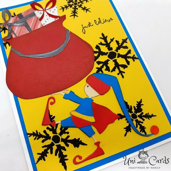 Χριστουγεννιάτικη κάρτα με ξωτικό σούπερ ήρωα - χριστουγεννιάτικα δώρα, άγιος βασίλης, σούπερ ήρωες, ευχετήριες κάρτες - 2