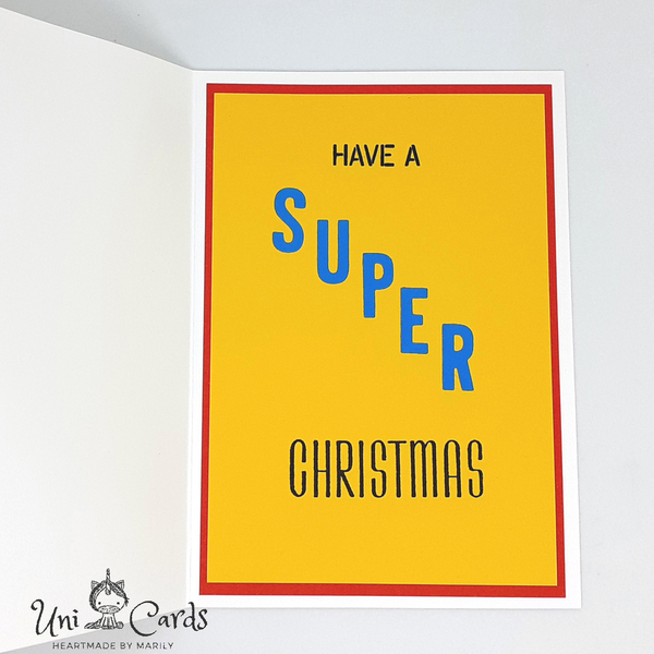 Χριστουγεννιάτικη κάρτα με ξωτικό σούπερ ήρωα - χριστουγεννιάτικα δώρα, άγιος βασίλης, σούπερ ήρωες, ευχετήριες κάρτες - 4