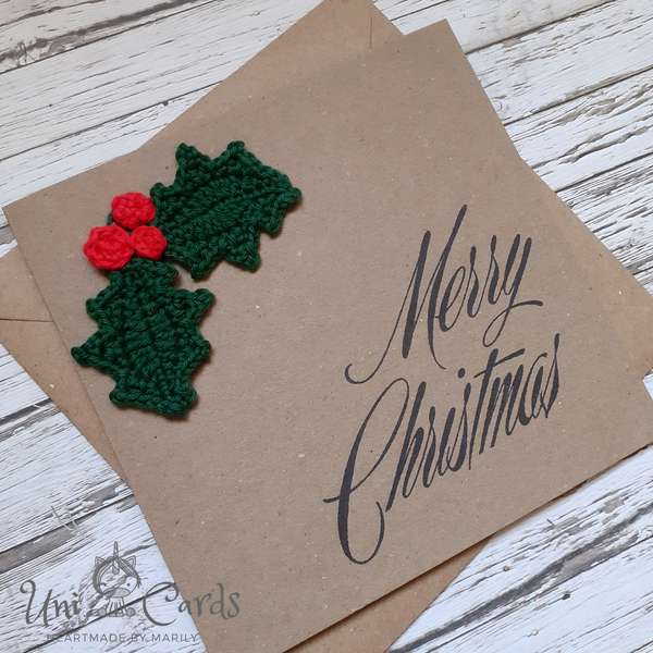Κάρτα με πλεκτό γκι - νήμα, merry christmas, ευχετήριες κάρτες - 2