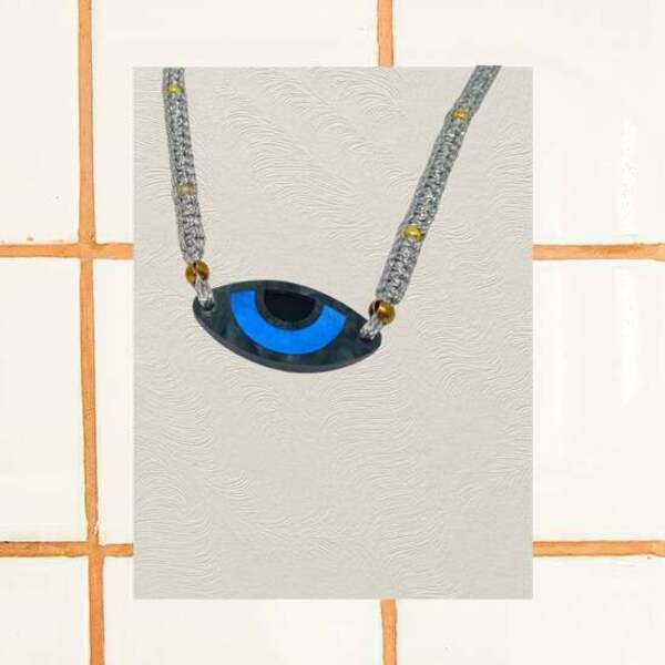 Κολιέ Ασημί Μακραμέ με μάτι από Plexi Ορείχαλκο και Αιματίτη - ορείχαλκος, μακραμέ, μάτι, μακριά, plexi glass - 2