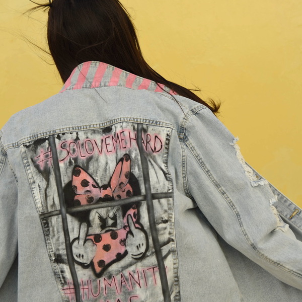 Custom / Handpainted / Oversized / Drop Shoulder Jean Jacket - Minnie - ζωγραφισμένα στο χέρι, ιδεά για δώρο - 3