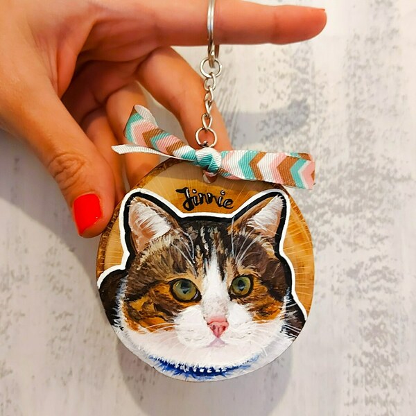 Handmade & Handpainted Keychain / Πορτραίτο κατοικίδιου (1-Ένα πορτραίτο) - γάτα, ιδεά για δώρο, ξύλινα
