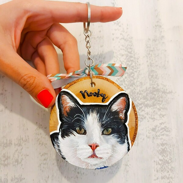 Handmade & Handpainted Keychain / Πορτραίτο κατοικίδιου (1-Ένα πορτραίτο) - γάτα, ιδεά για δώρο, ξύλινα - 4