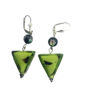 Κρεμαστά σκουλαρίκια με τριγωνικές χάντρες από πράσινο γυαλί - boho, κρεμαστά, μεγάλα, φθηνά
