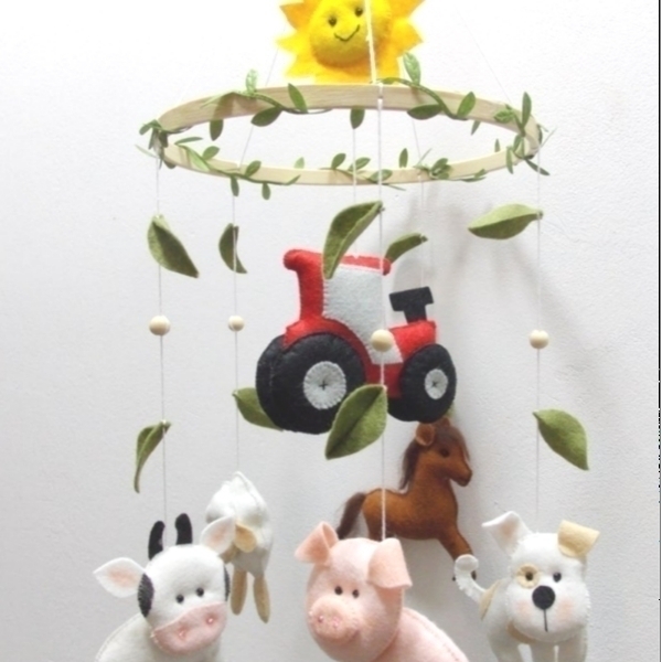 Χειροποίητο mobile με θέμα "Ζώα της φάρμας" - δώρο, μόμπιλε, δωμάτιο παιδιών, unisex gifts, ζωάκια - 3