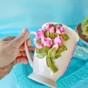 3D Κουπα"Ανθοδέσμη με τριαντάφυλλα" πολυμερικός πηλός - πηλός, δώρα για δασκάλες, δώρα για γυναίκες - 4