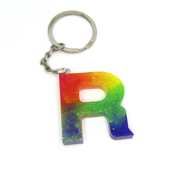 Μπρελόκ με γράμμα R ~ χρώματα ουράνιο τόξο - ρητίνη, αυτοκινήτου, σπιτιού