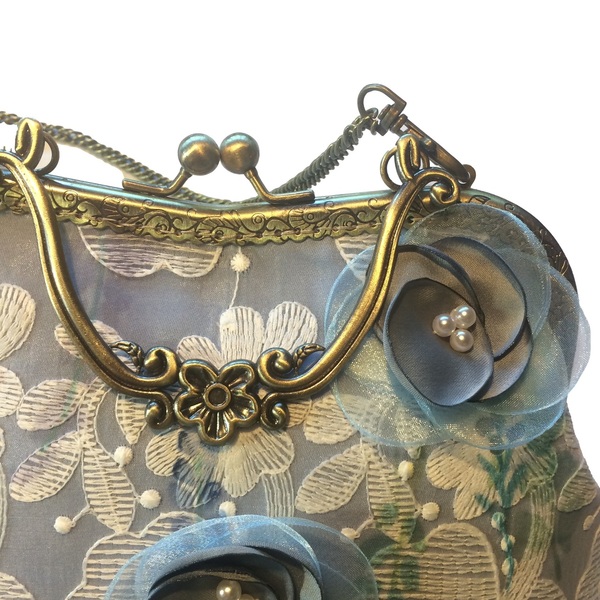 Vintage Clutch τσάντα γαλάζιο-ραφ από οργάντζα οργάντζα με ραφ λουλούδια 24*19,5*7cm - ύφασμα, clutch, χιαστί, all day, μικρές - 2