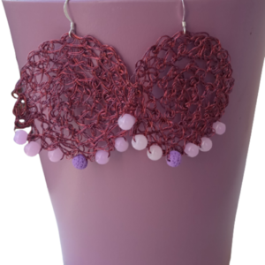 Wire crochet στρογγυλά σκουλαρίκια με χάντρες σε μωβ αποχρώσεις - χαλκός, κρεμαστά, μεγάλα, γάντζος, πλεκτά