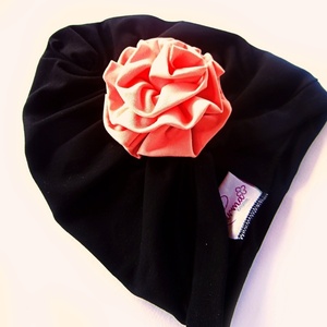 Τουρμπάνι μαύρο με ροζ λουλούδι - κορίτσι, δώρο, τουρμπάνι, μαμά και κόρη, σκουφάκια - 2