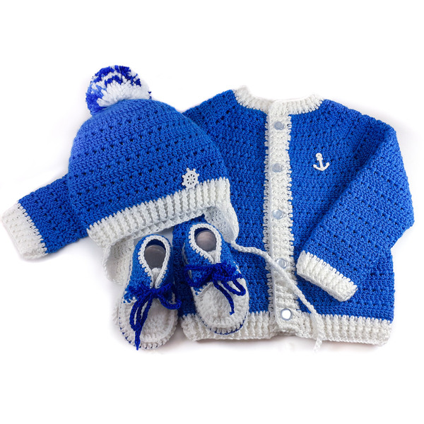 Πλεκτό σετ λευκό-μπλε για αγόρια/ ζακέτα, σκουφάκι, παπουτσάκια/ Πλεκτά για μωρά/ 0-12/ Crochet white-blue set for baby-boys/ jacket, hat, shoes - αγόρι, σετ, βρεφικά ρούχα