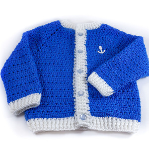 Πλεκτό σετ λευκό-μπλε για αγόρια/ ζακέτα, σκουφάκι, παπουτσάκια/ Πλεκτά για μωρά/ 0-12/ Crochet white-blue set for baby-boys/ jacket, hat, shoes - αγόρι, σετ, βρεφικά ρούχα - 2