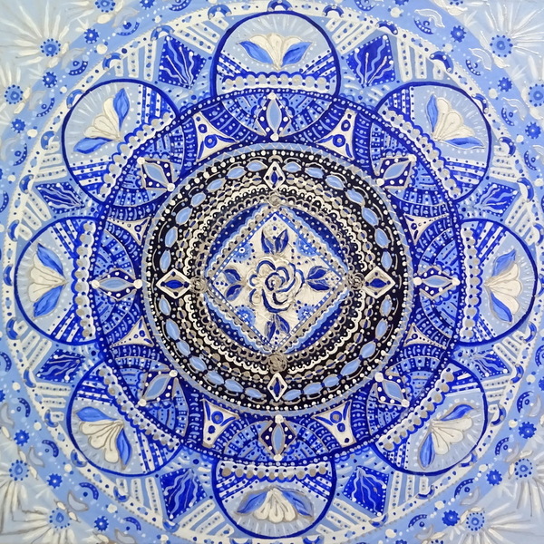 Blue Mandala πίνακας καμβάς 50Χ60Χ5 με ακρυλικά ζωγραφισμένος στο χέρι - πίνακες & κάδρα, πίνακες ζωγραφικής - 2