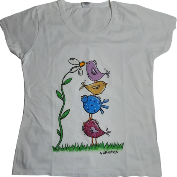 Birds-Γυναικειο tshirt ζωγραφισμένο με το χέρι - ζωγραφισμένα στο χέρι