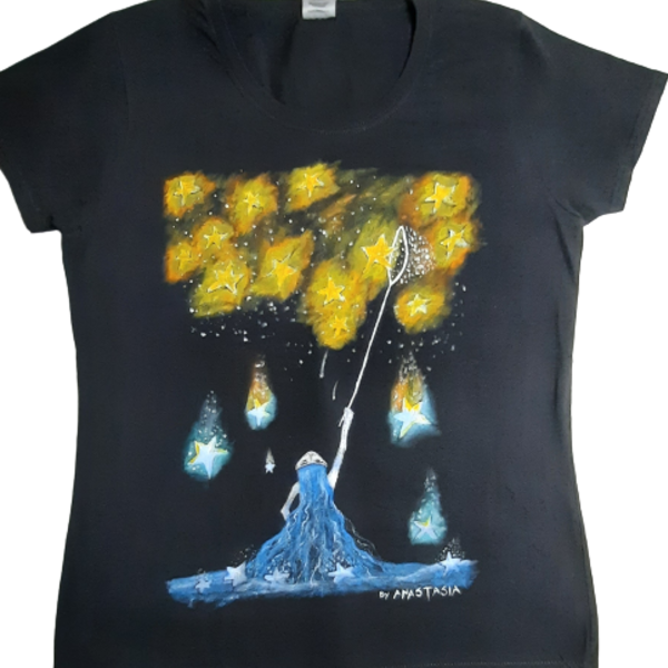 Αστέρια-Γυναικειο Tshirt ζωγραφισμένο στο χέρι - ζωγραφισμένα στο χέρι, αστέρι
