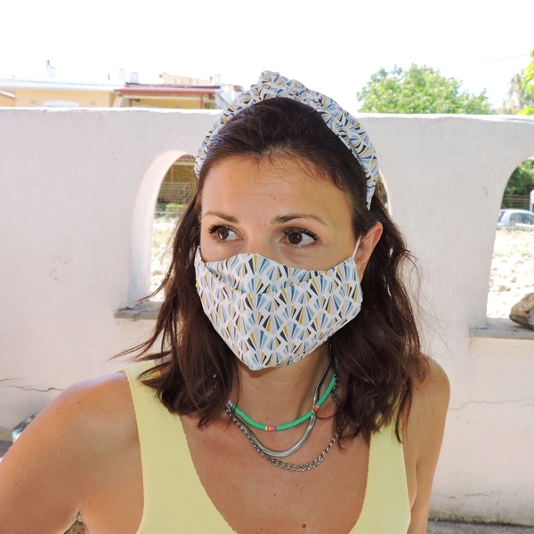 Γυναικεία μάσκα προστασίας προσώπου 3D χειροποίητη & στέκα με κόμπο με γεωμετρικά σχέδια σε βαμβακερό ύφασμα medium - βαμβάκι, χειροποίητα, μάσκες προσώπου - 4