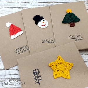 Σετ 4 καρτών με πλεκτά χριστουγεννιάτικα σχέδια - αστέρι, χιονάνθρωπος, άγιος βασίλης, ευχετήριες κάρτες, δέντρο - 2