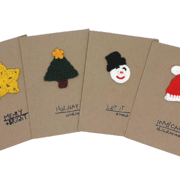 Σετ 4 καρτών με πλεκτά χριστουγεννιάτικα σχέδια - αστέρι, χιονάνθρωπος, άγιος βασίλης, ευχετήριες κάρτες, δέντρο - 4
