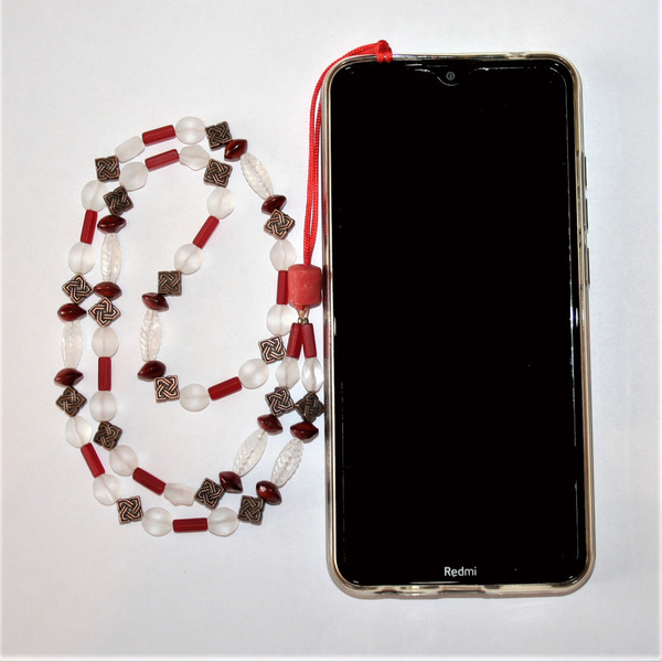 Λουράκι κινητού με άσπρες-κόκκινες γυάλινες και χάλκινες χάντρες - χαλκός, κορδόνια, χάντρες, λουράκια - 3