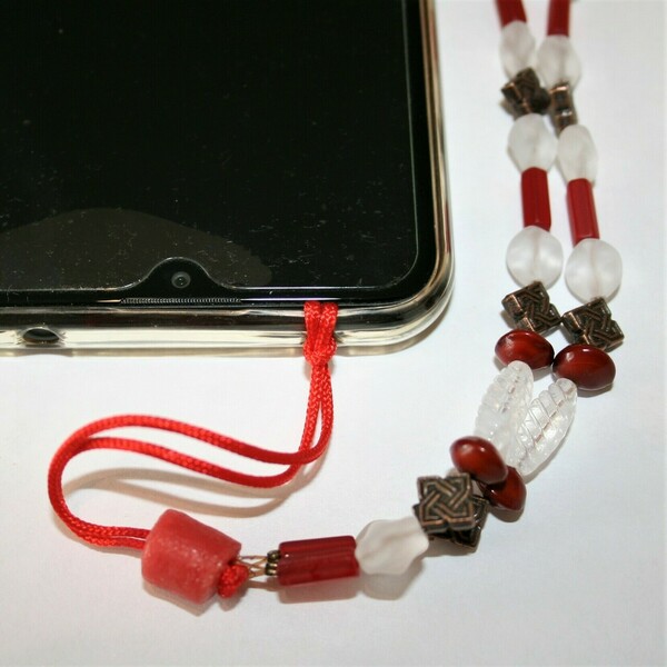 Λουράκι κινητού με άσπρες-κόκκινες γυάλινες και χάλκινες χάντρες - χαλκός, κορδόνια, χάντρες, λουράκια - 4