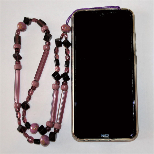 Λουράκι κινητού με μωβ γυάλινες και κεραμικές χάντρες - κορδόνια, χάντρες, λουράκια - 3