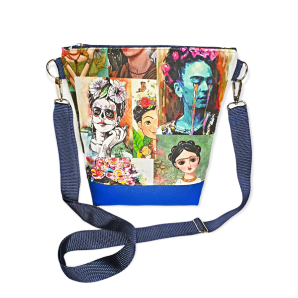 Τσάντα χιαστί Frida Kahlo μπλε - ύφασμα, χιαστί, all day, δερματίνη