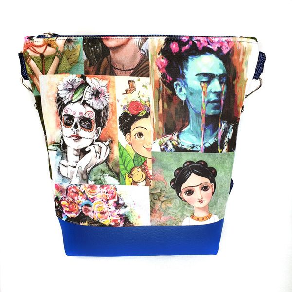 Τσάντα χιαστί Frida Kahlo μπλε - ύφασμα, χιαστί, all day, δερματίνη - 3
