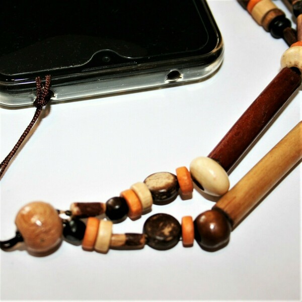 Λουράκι κινητού με ξύλινες και μπαμπού μακρόστενες χάντρες - ξύλο, κορδόνια, χάντρες, λουράκια - 4